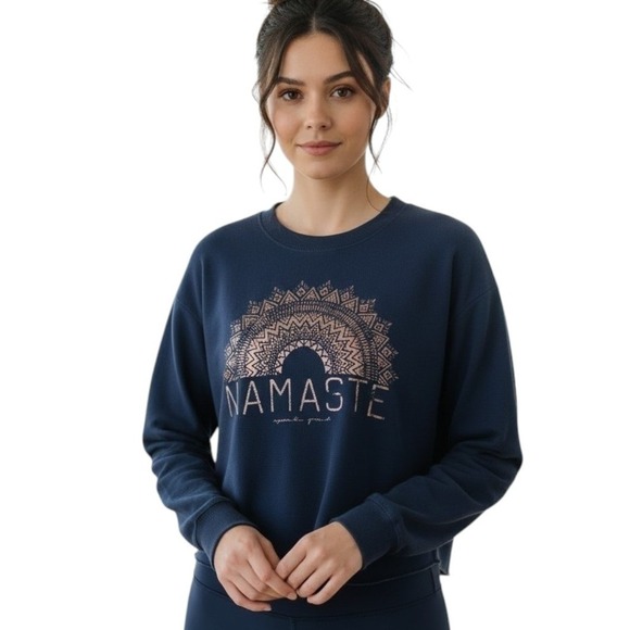 Spiritual Gangster Tops - Spiritual Gangster Namaste Graphic Sweatshirt Navy Blue Gold Yoga Athleisure - M